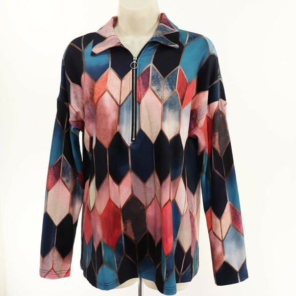 Sheilay Tops - Sheilay Womens Pullover Sweatshirt M Medium 1/2 Zip Geometric Blue Pink Purple